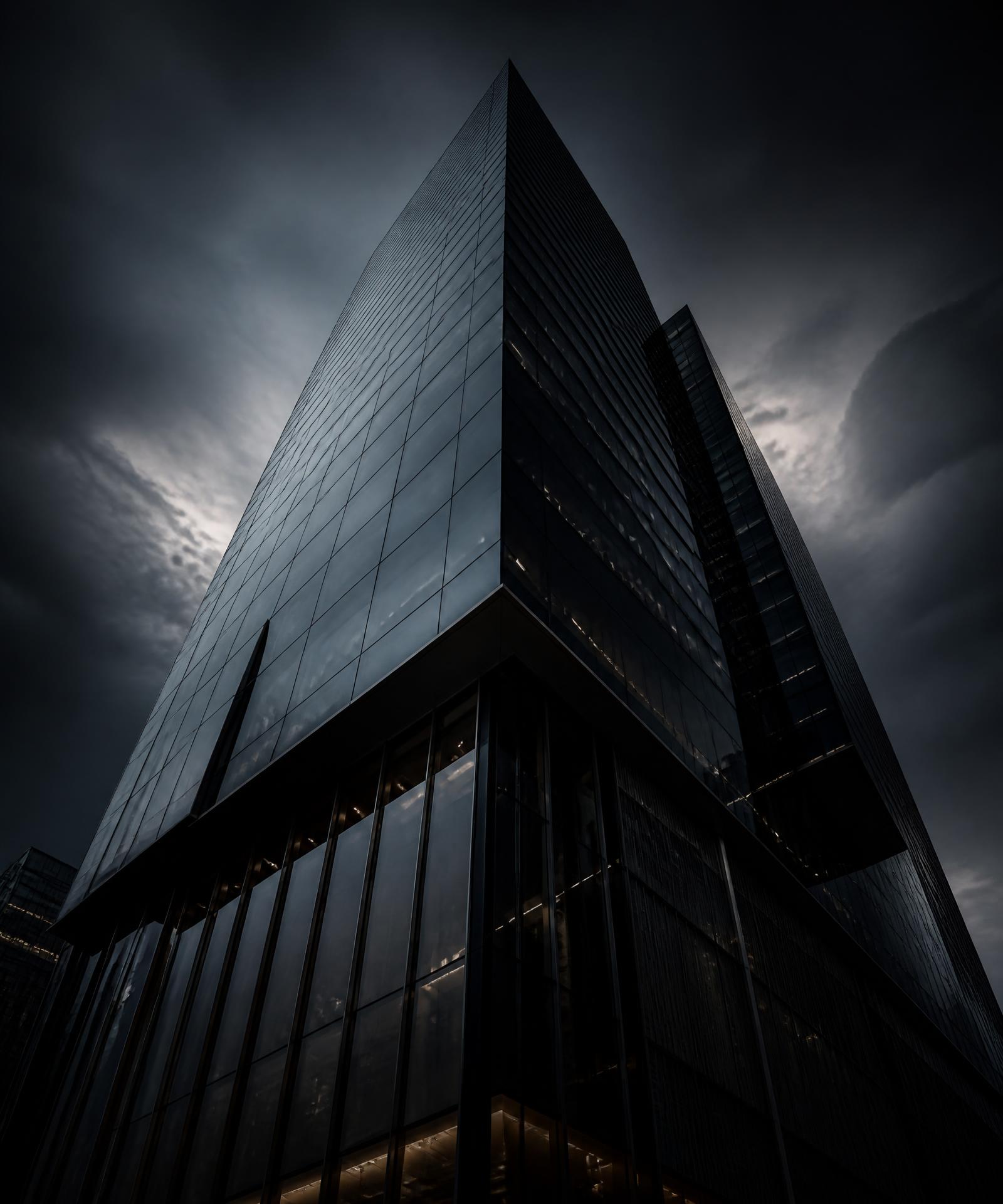 Edificio moderno visto desde abajo al atardecer